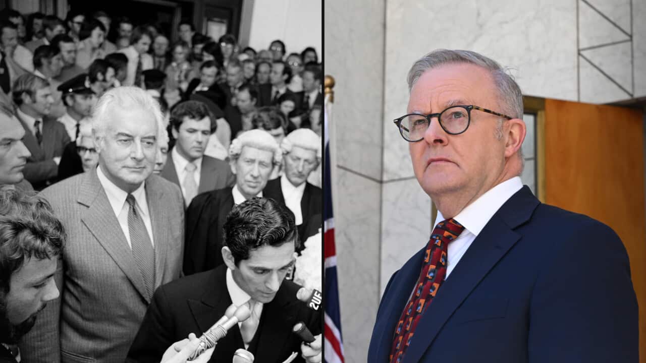 A split image showing the moment Gough Whitlam was dismissed as prime minister in 1975, and Anthony Albanese to the right.