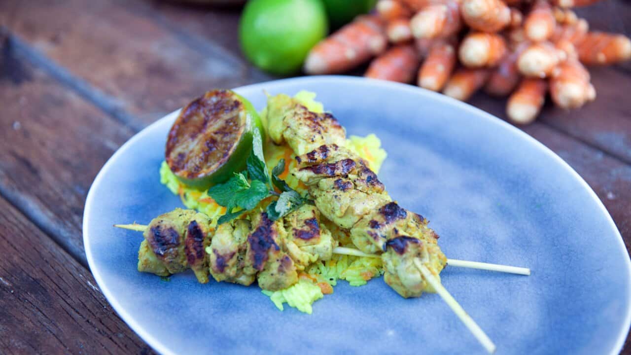 Turmeric, ginger and lime chicken skewers