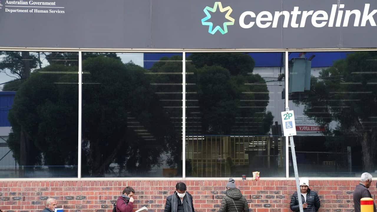 People queueing outside a Centrelink office in Melbourne