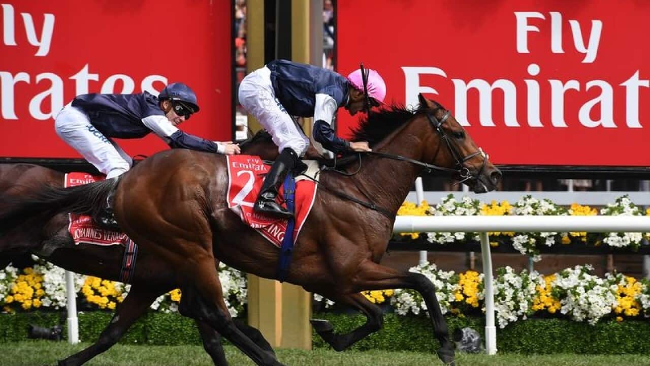 Rekindling ridden by jockey Corey Brown wins the 2017 Melbourne Cup