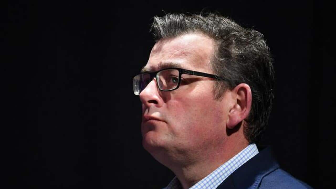 Victorian Premier Daniel Andrews looks on during a press conference in Melbourne, Thursday, August 27, 2020.