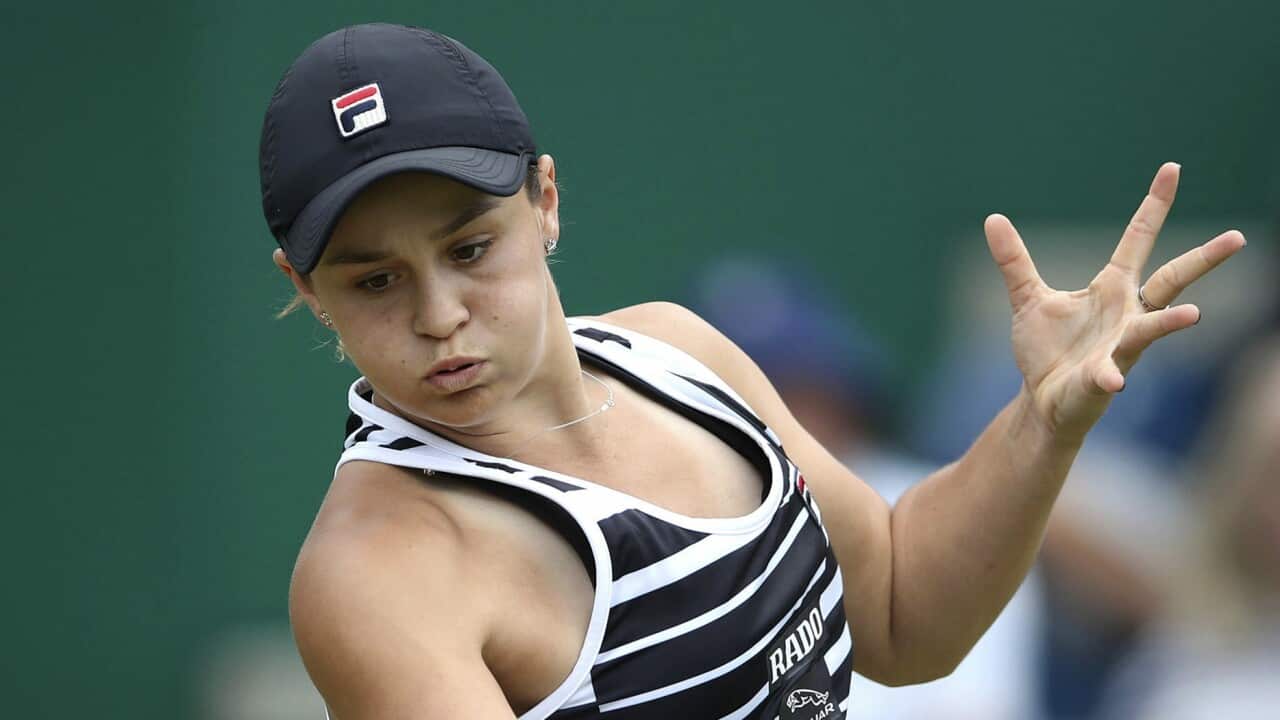 Australia's Ashley Barty in action against Germany's Julia Goerges during the final match of the Nature Valley Classic at Edgbaston Priory Club in Birmingham, England, Sunday June 23, 2019. Barty went on to win the match. (Tim Goode/PA via AP)