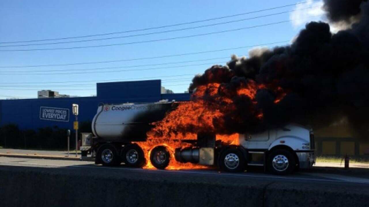 A gas tanker on fire on the M1 motorway, southeast of Brisbane