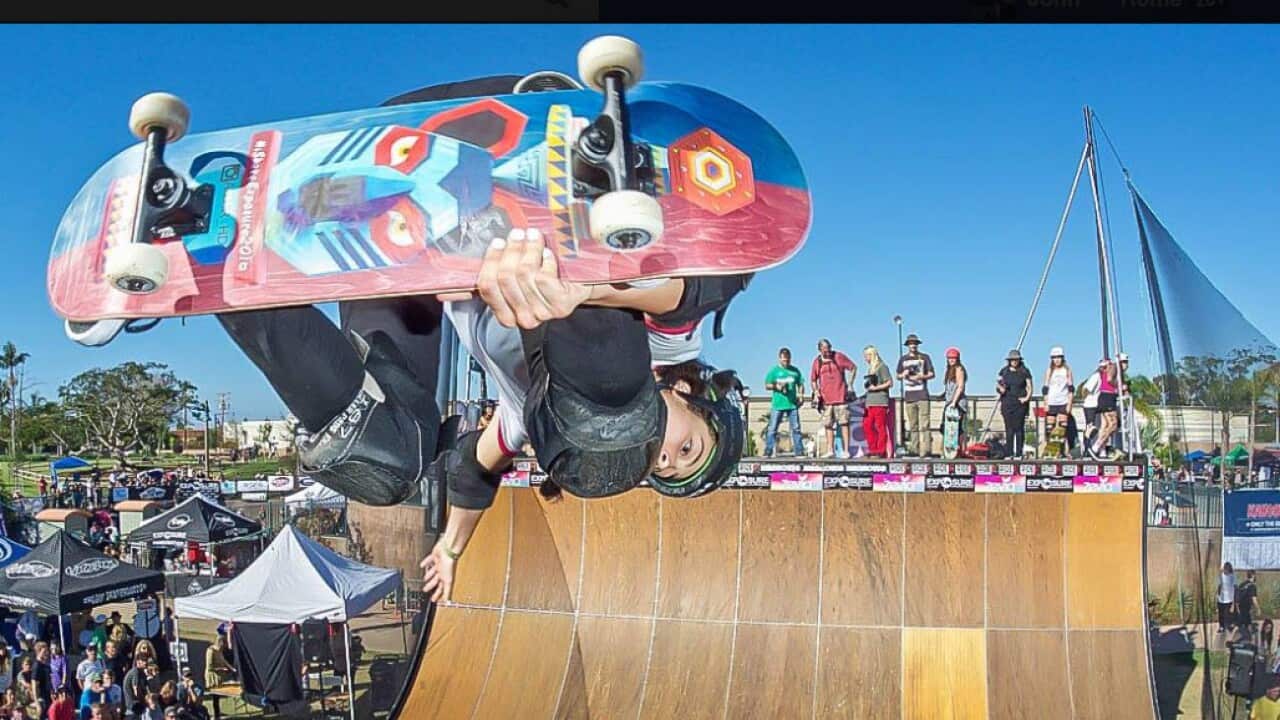 Amar Hadib competing at the #EXPOSURE2016 skateboard competition in California