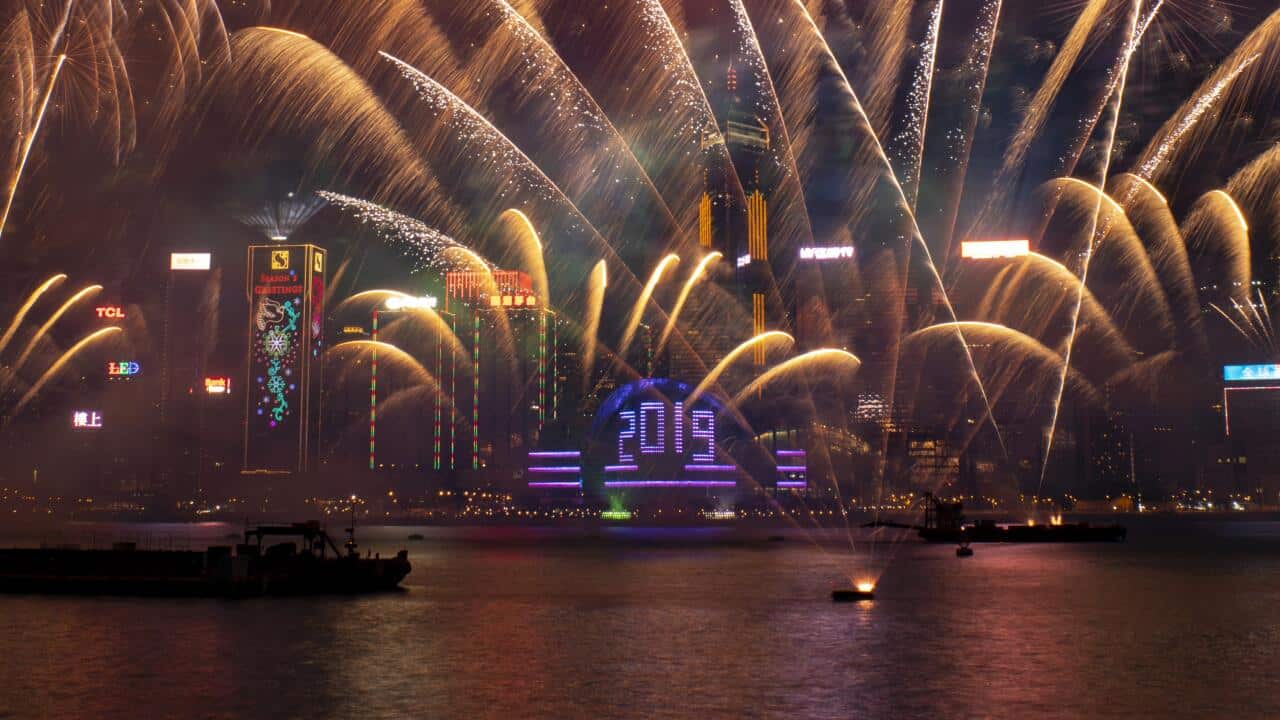 Fireworks light up the sky over Victoria Harbour to celebrate New Year's Day in Hong Kong.