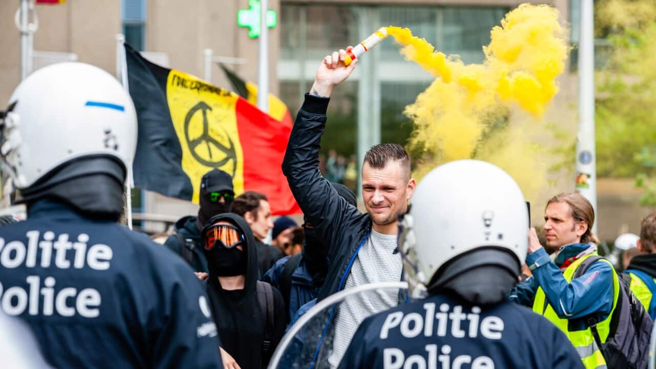 Hundreds of yellow vests from different parts of Europe protested against the EU parliament during the EU elections, at the Brussels North station. 