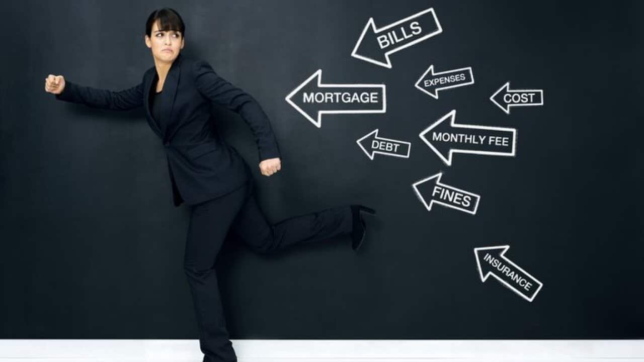 Terrified woman escaping from expenses