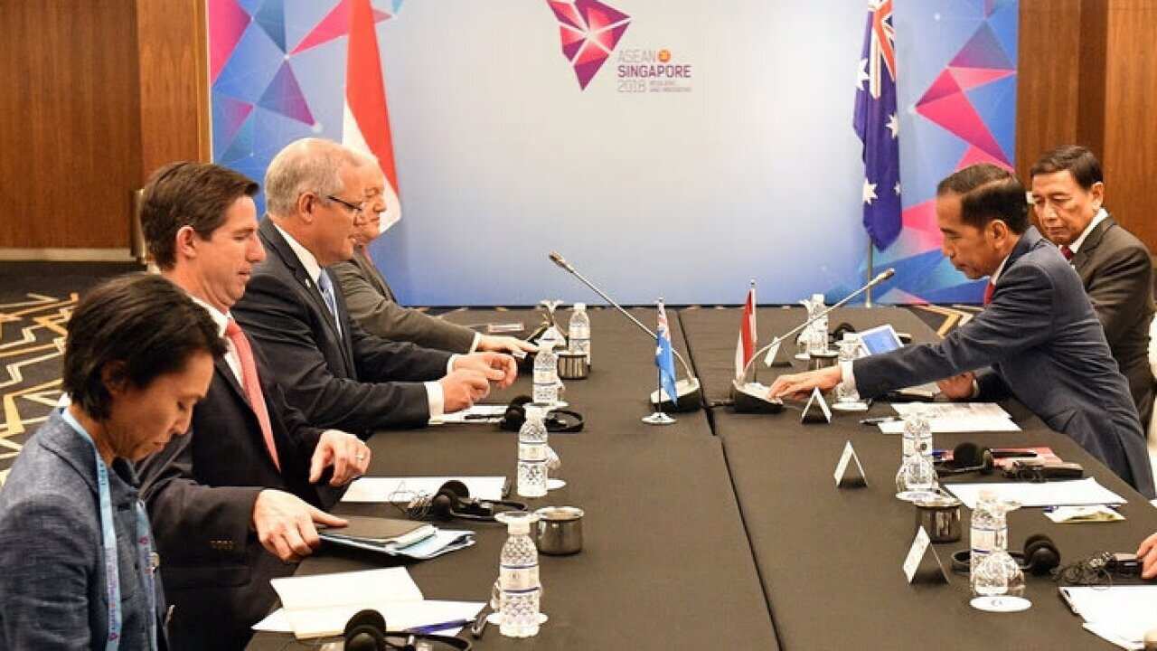 Australia's Prime Minister Scott Morrison and Indonesia's President Joko Widodo at a bilateral meeting during the 2018 ASEAN Summit in Singapore.