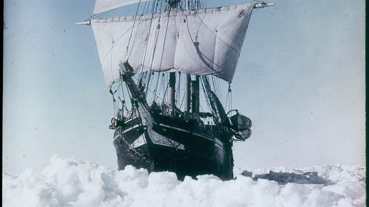 Endurance under sail trying to break through pack ice, Weddell Sea, Antarctica, 1915, by Frank Hurley, from original Paget Plate, 1914-1915 State Library New South Wales