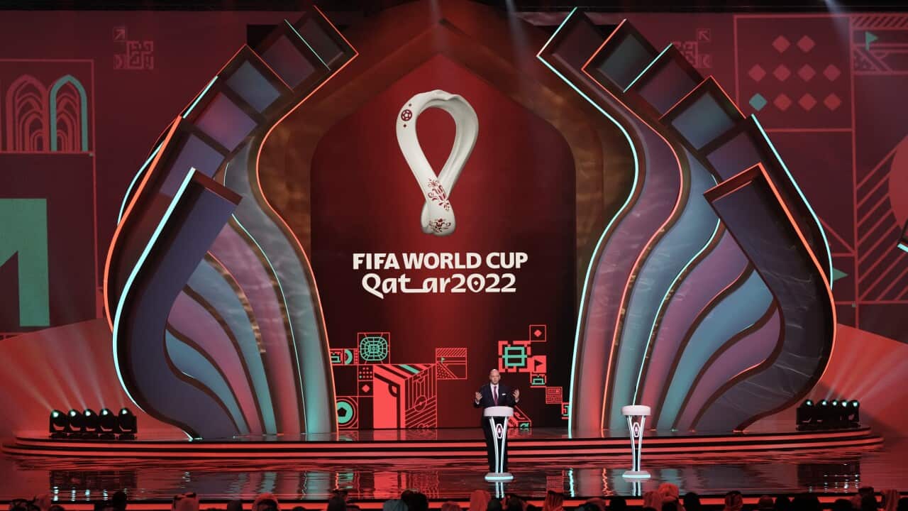 FILE - FIFA President Gianni Infantino speaks at the 2022 World Cup draw at the Doha Exhibition and Convention Center in Doha