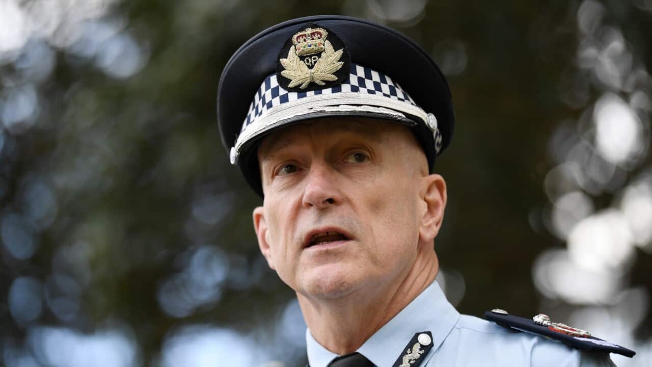 Queensland Police Deputy Commissioner Steve Gollschewski is seen during a press conference in Brisbane, Sunday, May 17, 2020. Ms Palaszczuk updated the media on maters relating to the COVID-19 pandemic. (AAP Image/Dan Peled) NO ARCHIVING