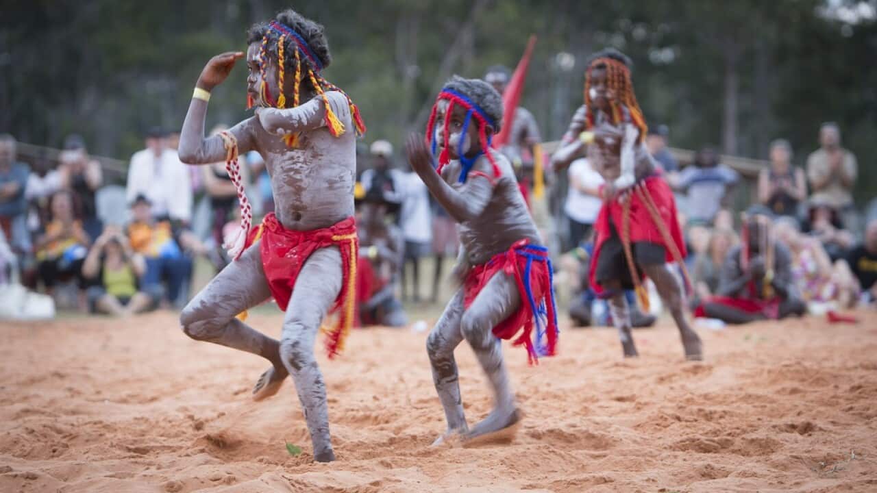 A supplied image obtained Saturday August 2nd 2014 shows a traditional ceremonial ( Bunggul) performance during the Garma 2014 festival at Gulkula in northeast Arnhem land, Australia. (AAP IMAGE/YOTHU YINDI FOUNDATION) EDITORIAL USE ONLY.