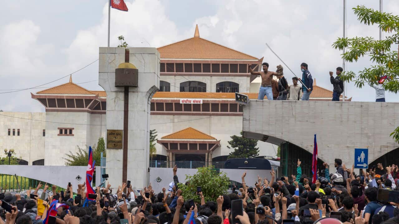 Protesters clash with police in front of the parliament building in Kathmandu, Nepal on Monday, 8 September 2025.