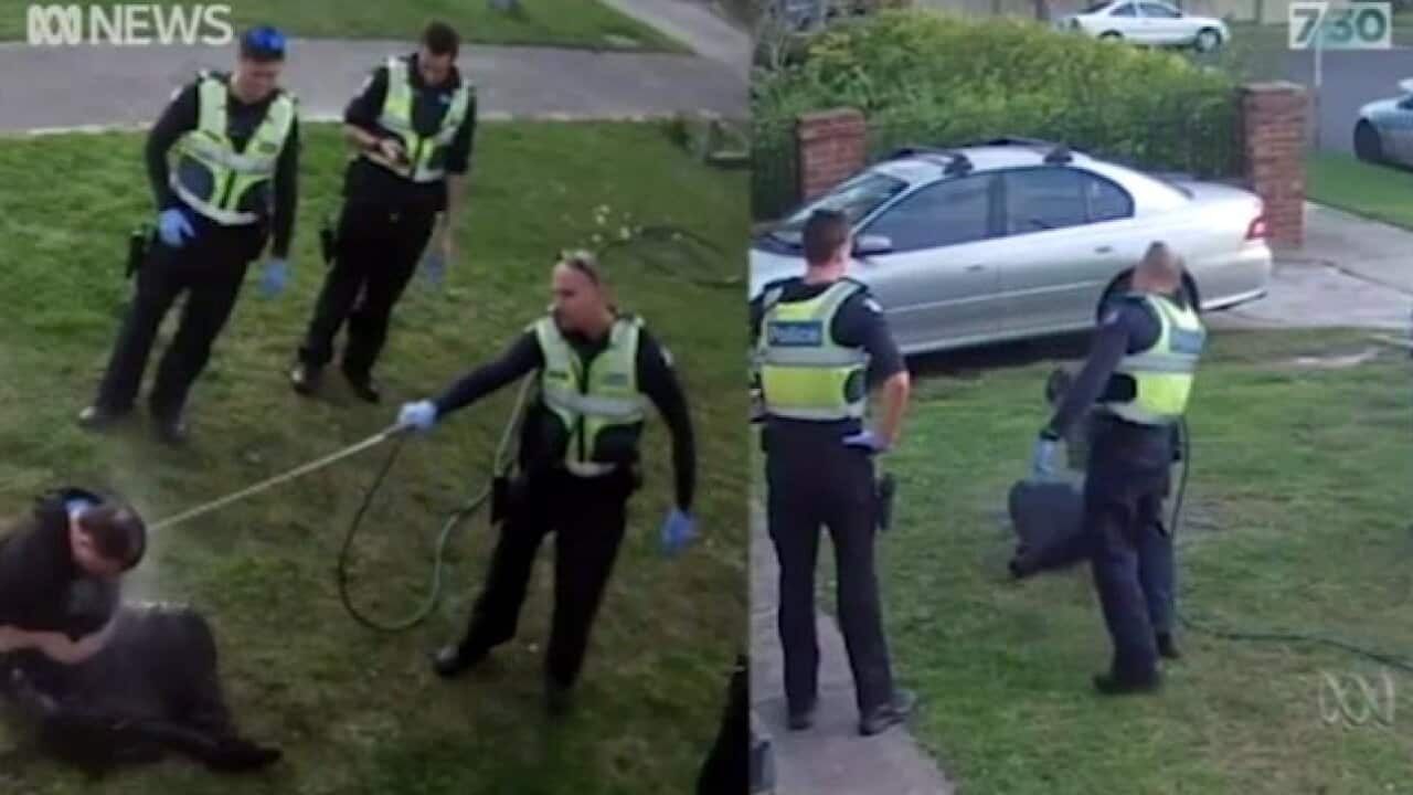 Shocking CCTV footage showed a Victoria Police officer spraying a man with a garden hose.