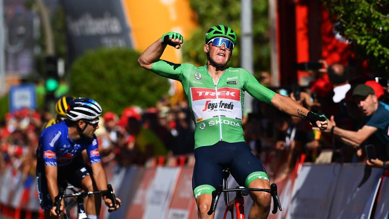 Mads Pedersen celebrates Stage 19 victory