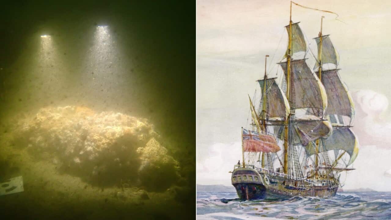 Combo image: Image from a dive which has 'discovered' the ship and a painting of the ship.