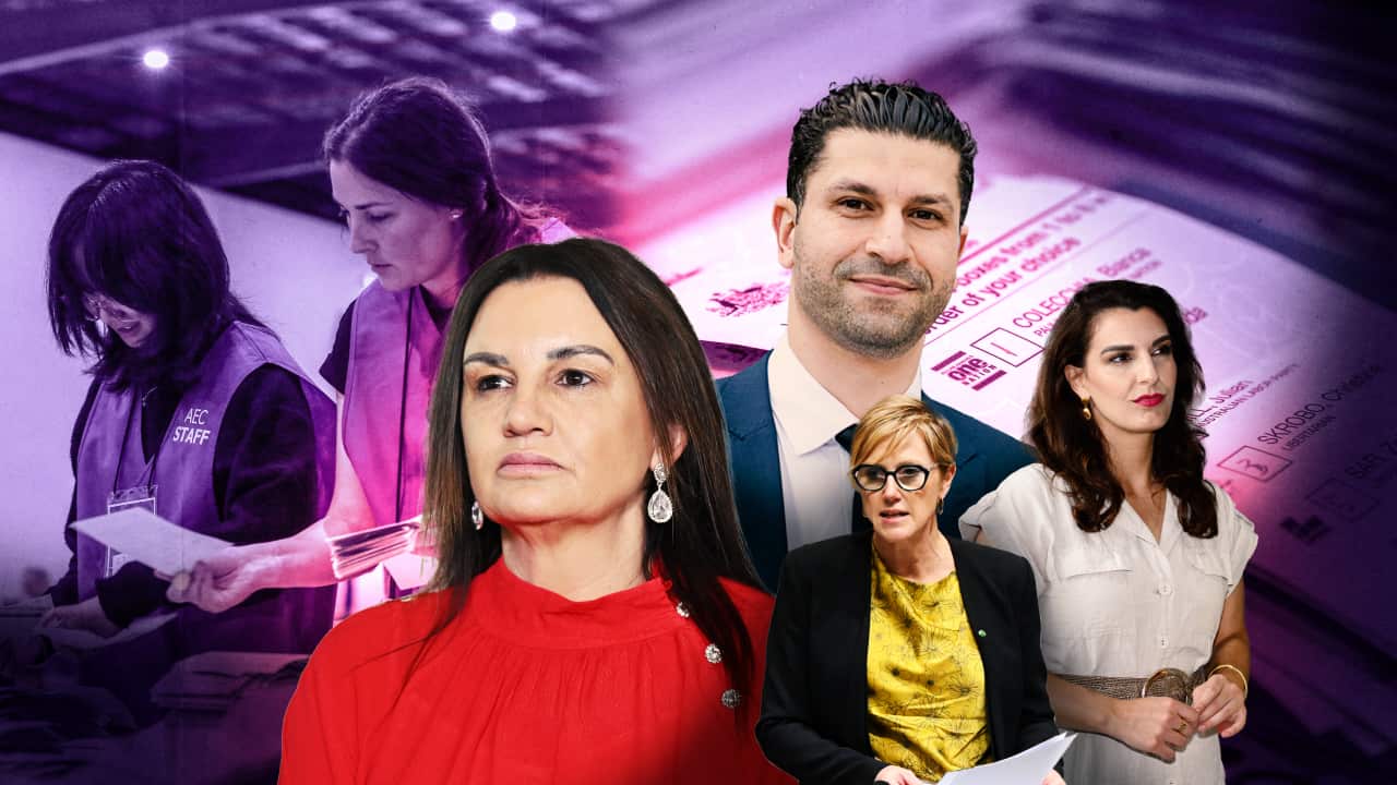 A stylised image of three women and a man against the backdrop of two women counting votes and a ballot paper.