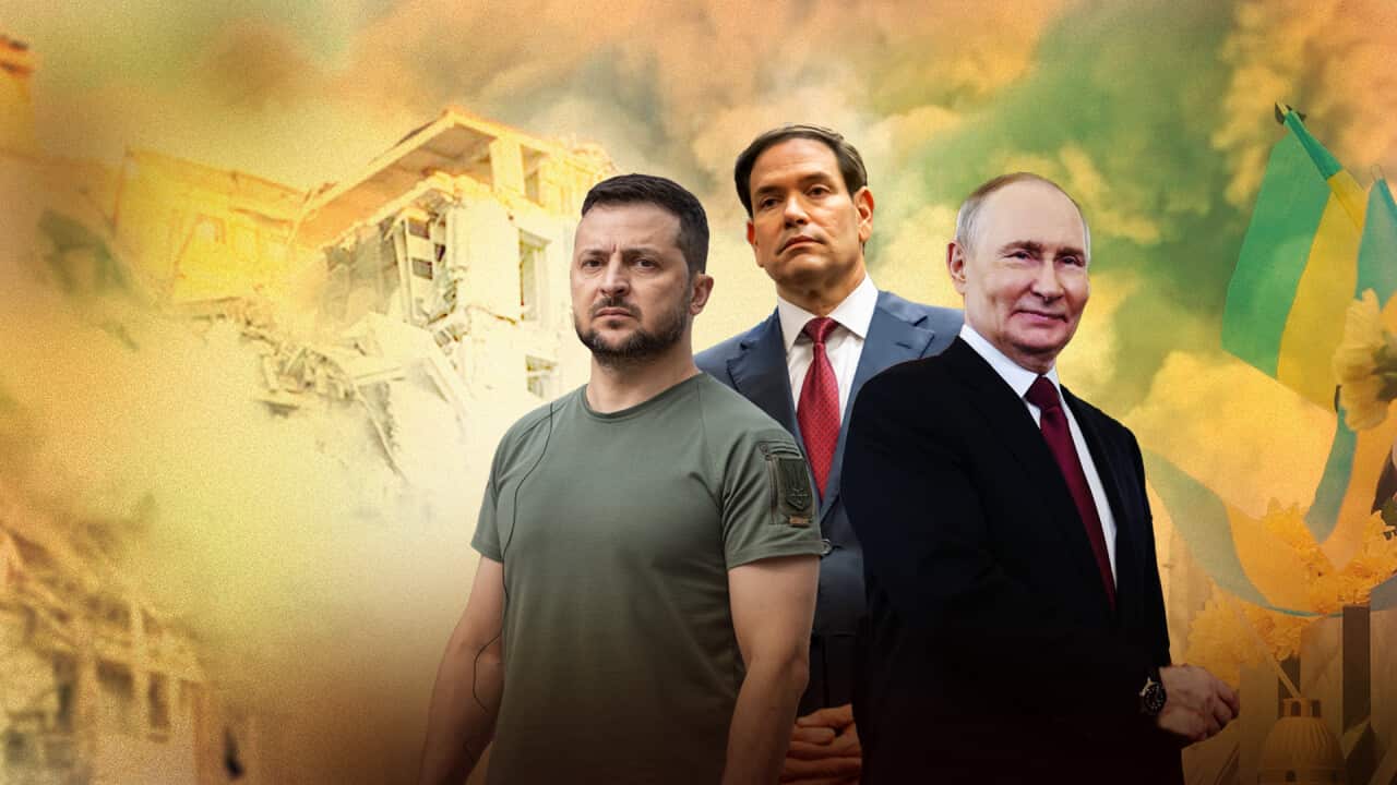 A composite image of Volodomyr Zelenskyy, Marco Rubio and Vladimir Putin, superimposed on an image of a heavily damaged building and Ukrainian flags.