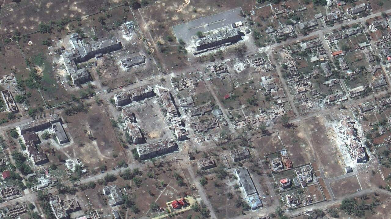 A satellite image shows destroyed buildings near Severodonetsk