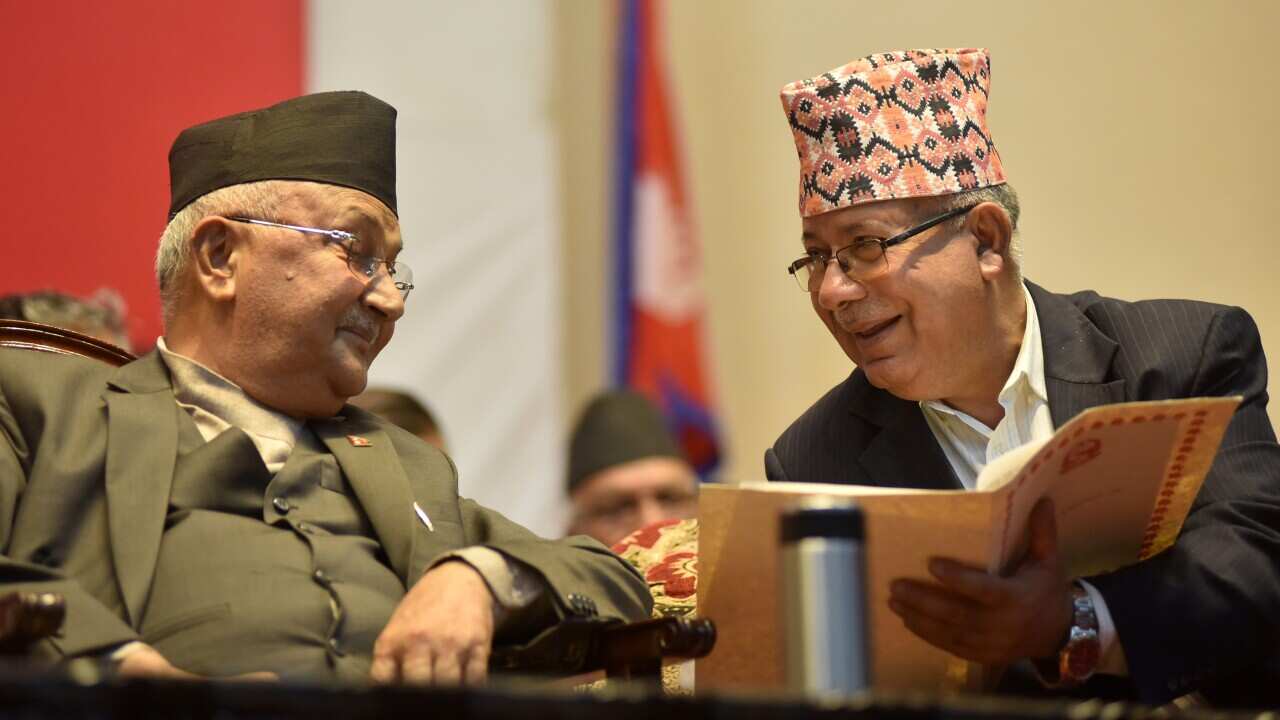 (L to R) Ministers KP Sharma Oli and Madhav Kumar Nepal.