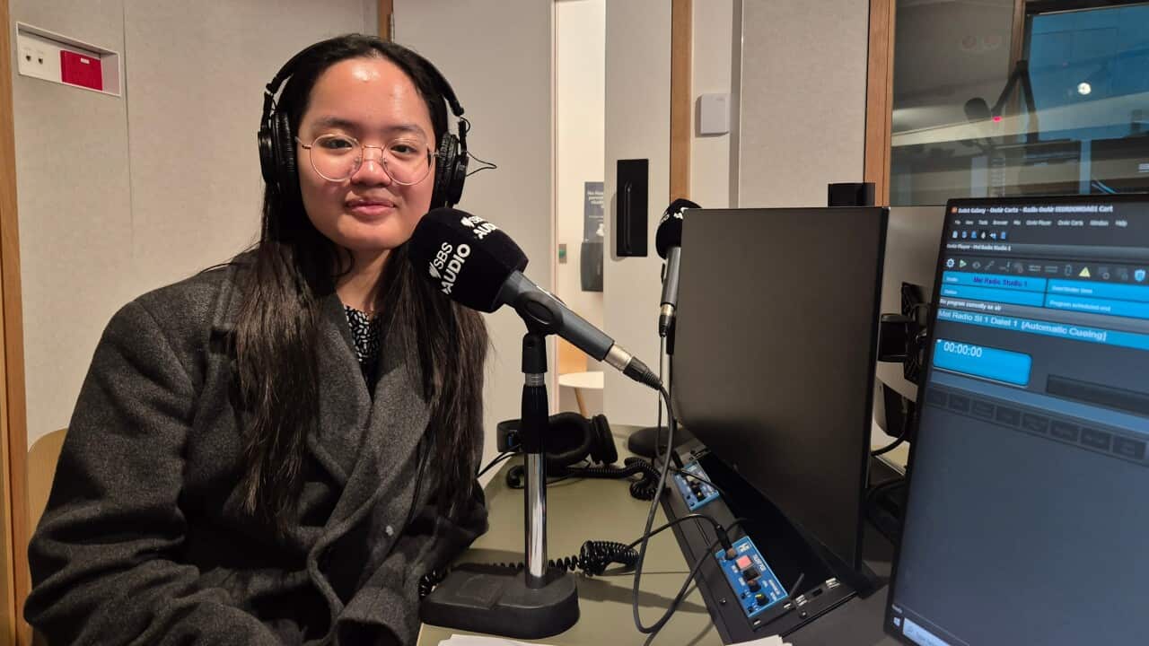 Maria Alexandra, the recipient of Indoneia Maju Scholarship at SBS studio in Melbourne talking about her plans and dreams as a future researcher. Image: SBS Indonesian, Sep 2024.