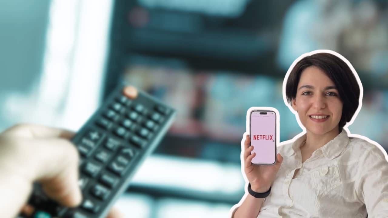 A combination image of a person holding a remote on the left and a woman holding up a phone with Netflix logo showing on the right.