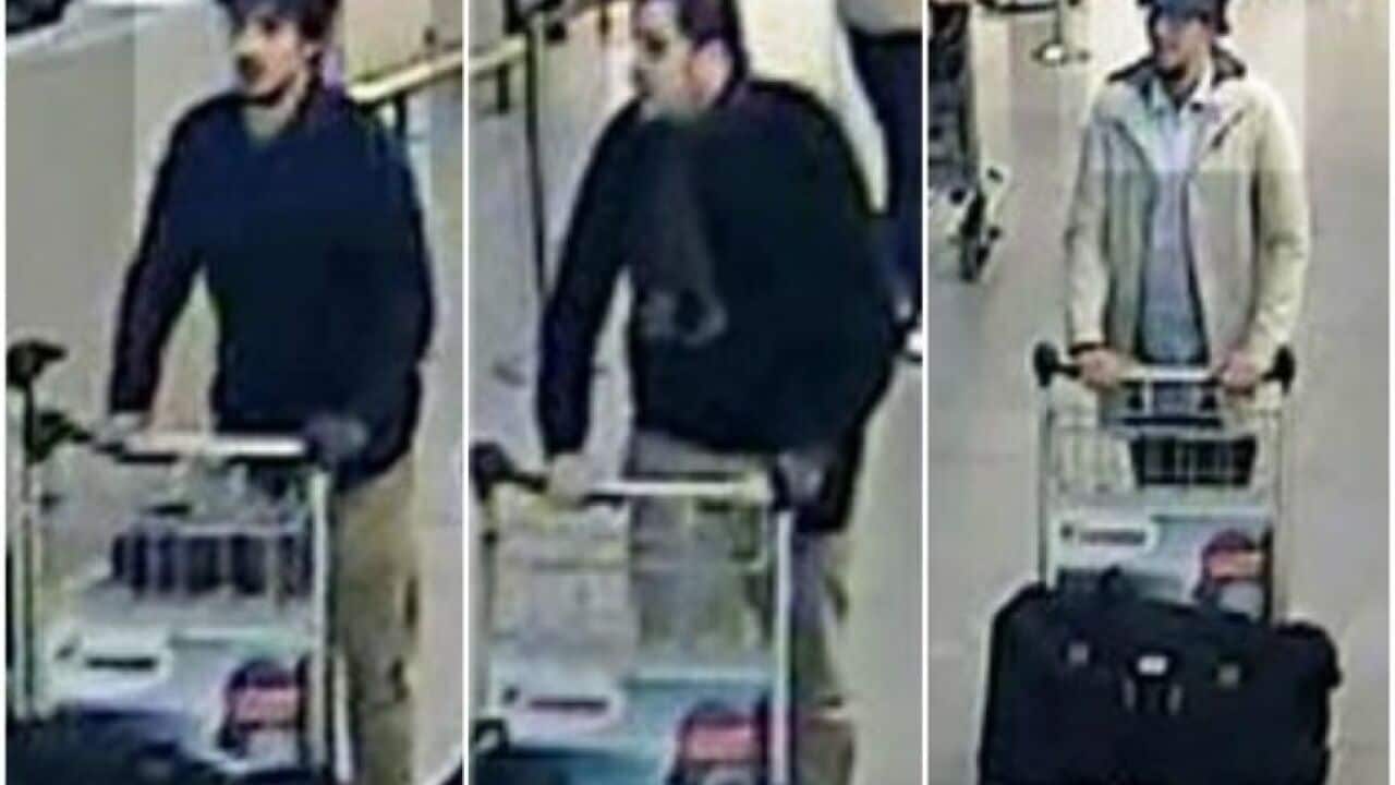 In this image provided by the Belgian Federal Police in Brussels of three men who are suspected of taking part in the attacks at Belgium's Zaventem Airport.