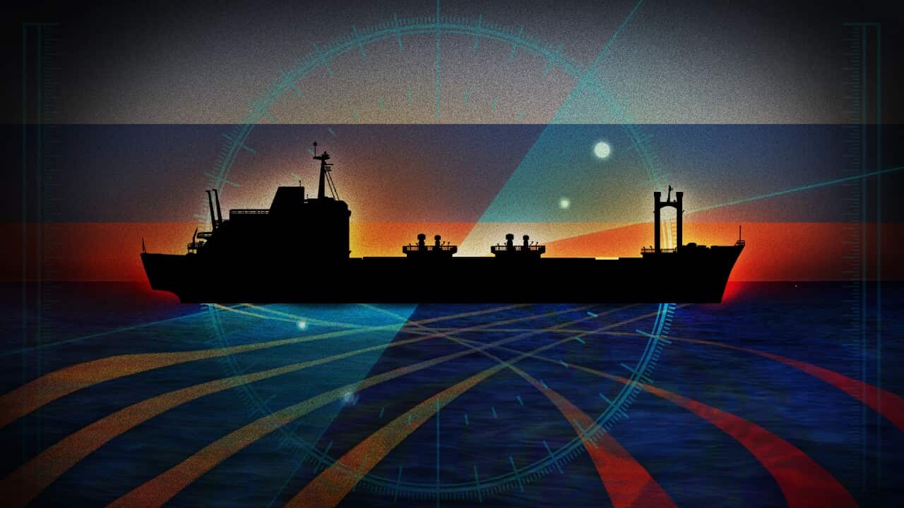 A stylised image of a silhouette of a ship sailing in a calm night sea, featuring coloured streaks in the water and a shadow of a marine chromometer encircling the ship.