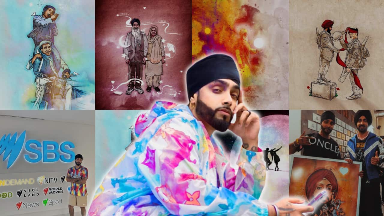 The image shows a collage of images showcasing British Punjabi artist Amandeep Singh Inkquisitive and his various artworks.