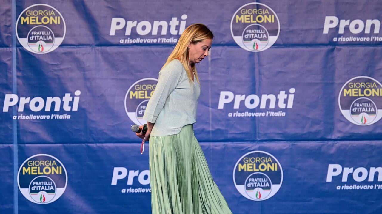 La leader di Fratelli d'Italia Giorgia Meloni durante un convegno ad Ancona, 23 agosto 2022.