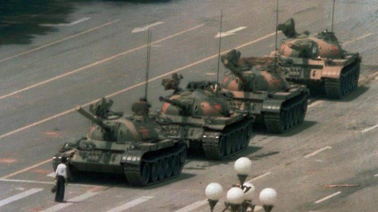 File image of a lone Chinese man blocking a line of tanks during the 1989 Tiananmen Square protests in Beijing.