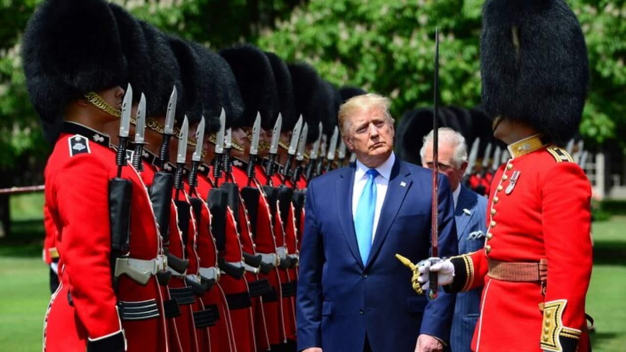 US President Donald J Trump inspecting the Guard of Honour of the British Army's Household Division