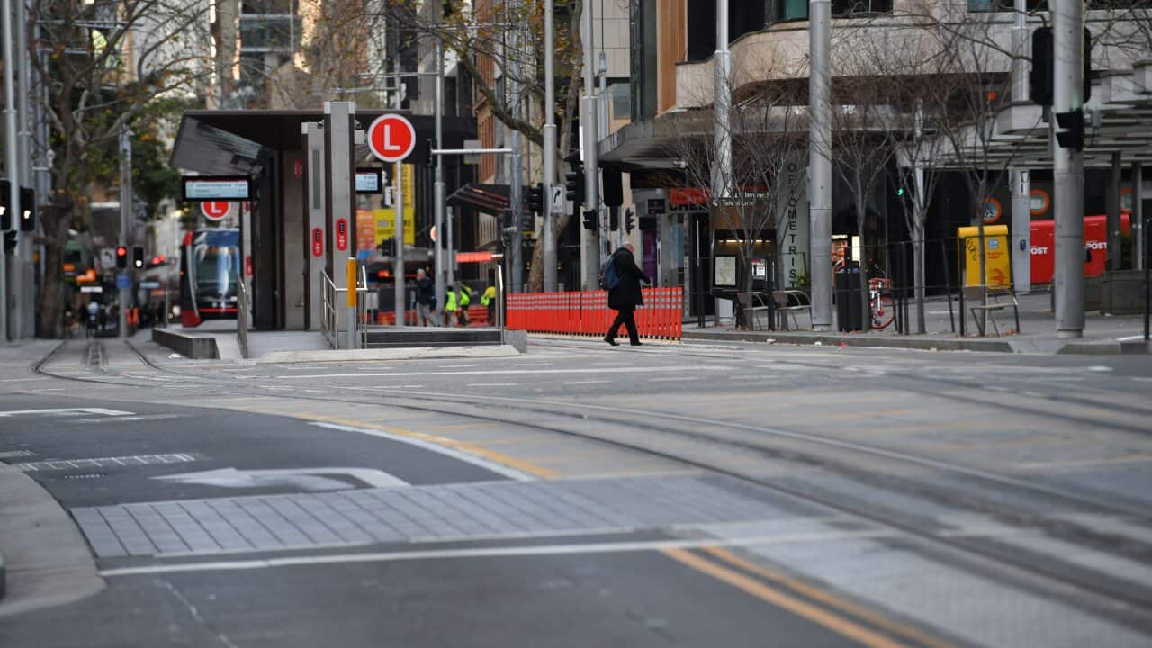 Empty streets are seen at in the central business district in Sydney.