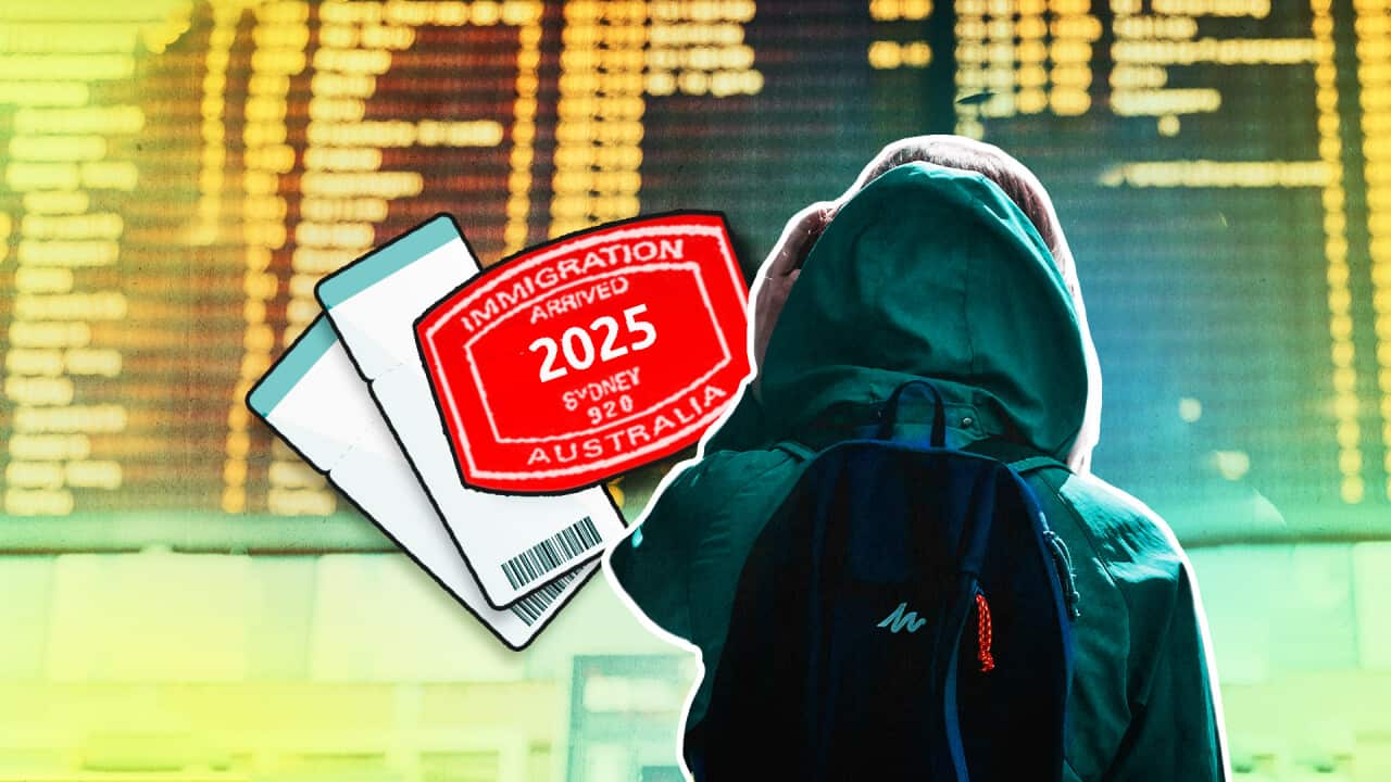 Graphic art of person wearing a backpack looks at a board of airport arrivals overlaid with two boarding passes and an immigration stamp