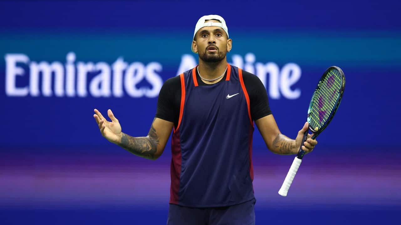 Nick Kyrgios reacts to a point against Karen Khachanov during their US Open men’s singles quarterfinal match.