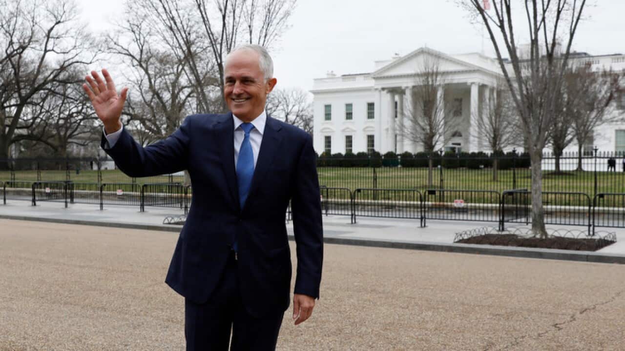 Australian Prime Minister Malcolm Turnbull waves outside the White House, in Washington D.C, United States, Thursday, February 22, 2018. (AAP Image/Yuri Gripas) NO ARCHIVING