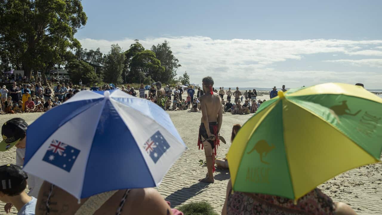 The Gadhungal Murring cultural dancers perform a smoking ceremony on Australia Day 2022.