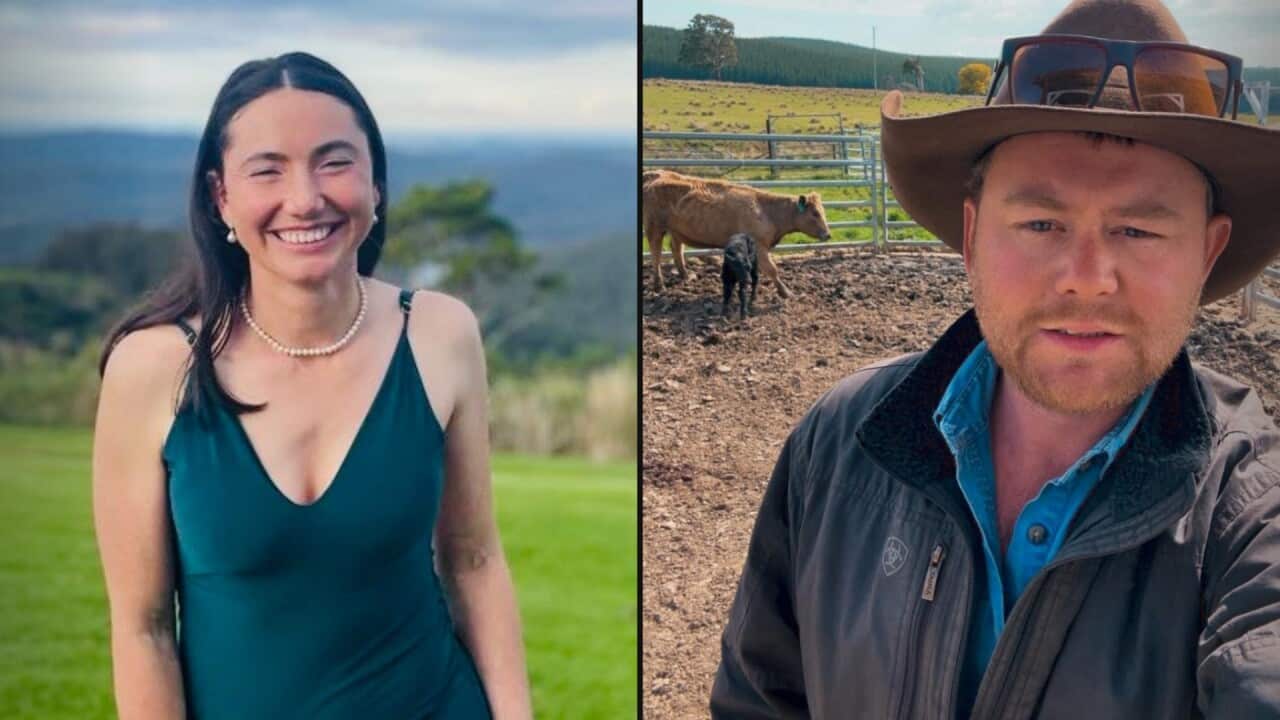 A two-way header image showing a woman in a formal dress in a field and a man wearing a Stetson in a cow paddock.