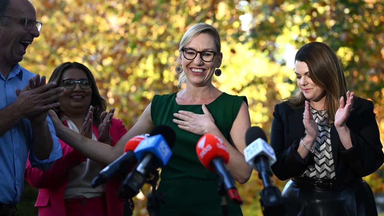 Greens leader Larissa Waters speaks to media after the party leadership vote (AAP)