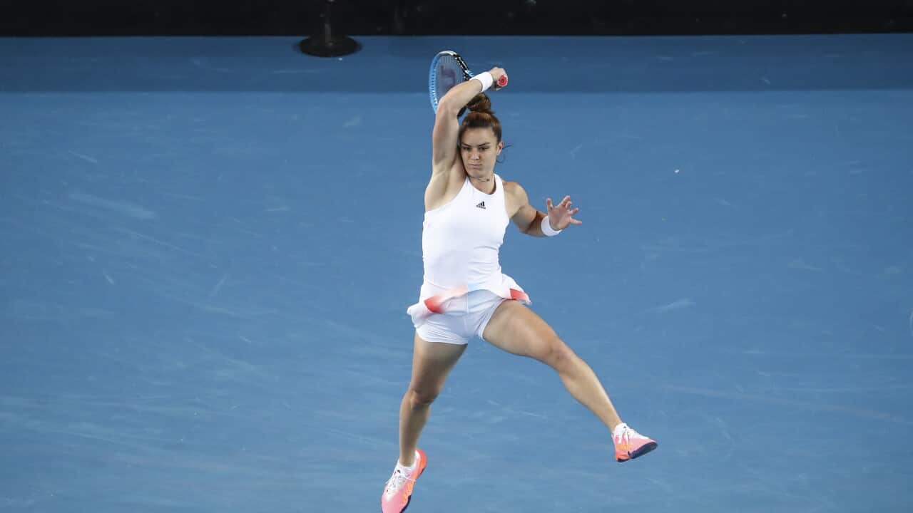 Maria Sakkari in action during her second round match againts Zheng Qinwen of China at the Australian Open Grand Slam in Melbourne, 19 January 2022.