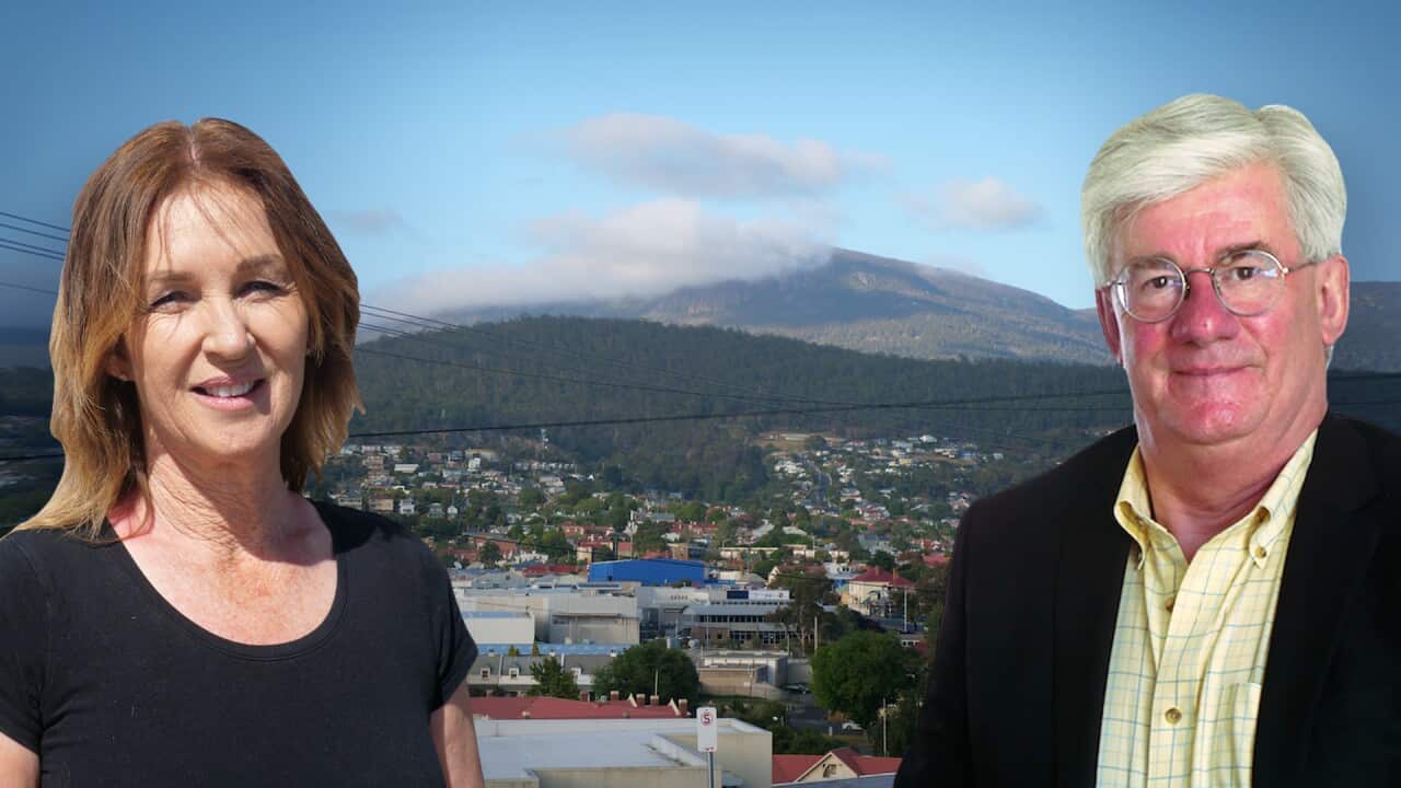 Retail sales manager Alison Evans, Economist Saul Eslake. Mount Wellington background in Hobart