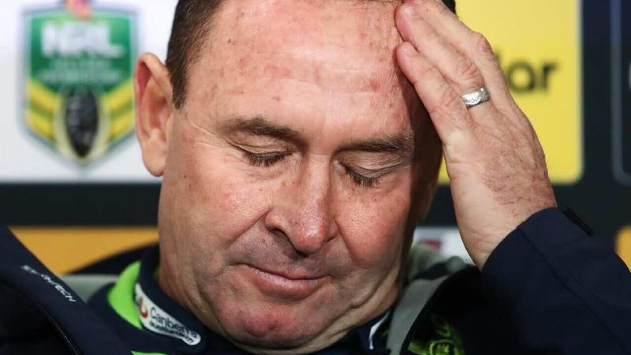 Raiders coach Ricky Stuart reacts.