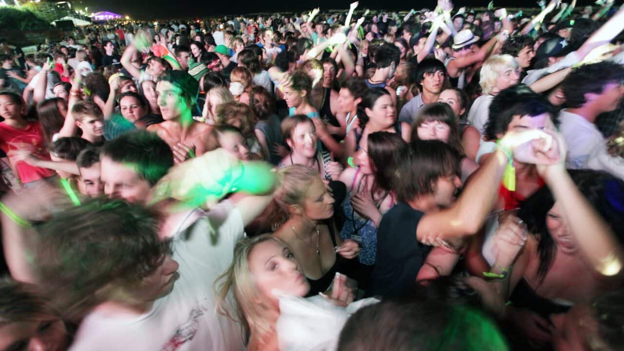 Loud music and high spirits as thousands of schoolies partcipate, ready to party until dawn during the Schoolies festival on Queensland's Gold Coast