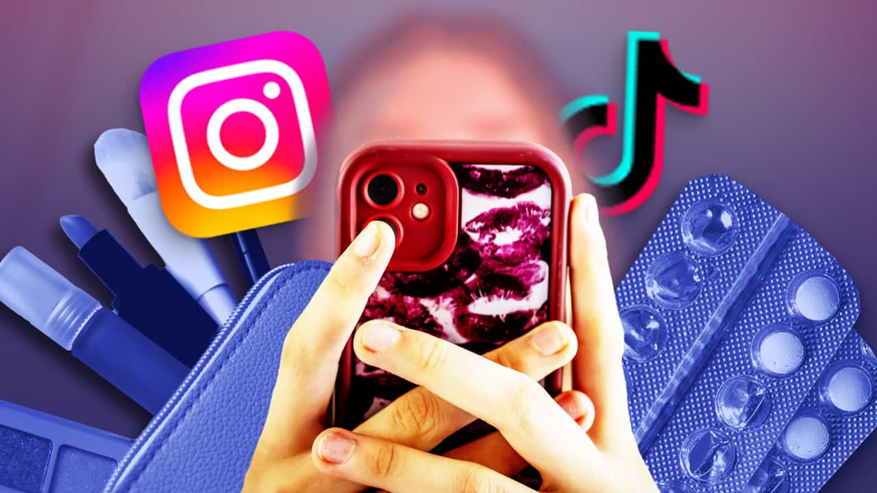 A person holding a phone, with beauty products and contraceptive pills, as well as the Instagram and TikTok logos.
