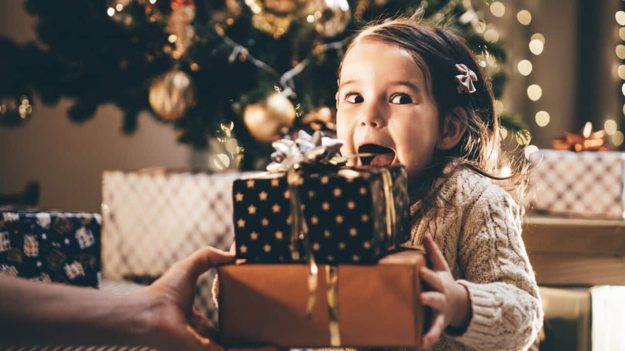 Lovely little girl receiving a Christmas gift.