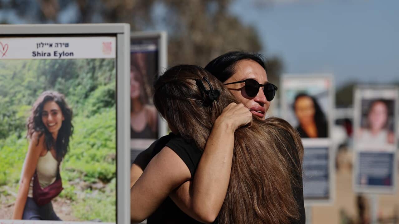 Israeli family members visiting the memorials at the site of the Nova music festival, near Re'im, on the second anniversary of the 07 October 2023 Hamas attacks
