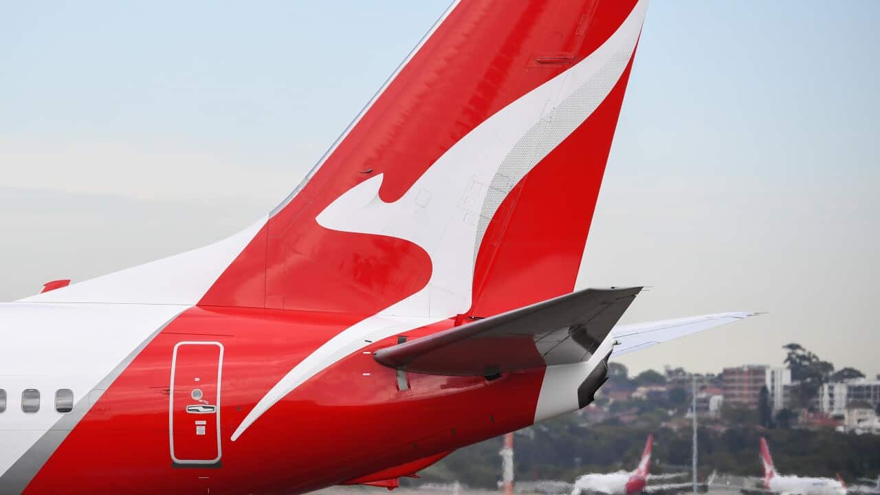 The tail of a Qantas plane.