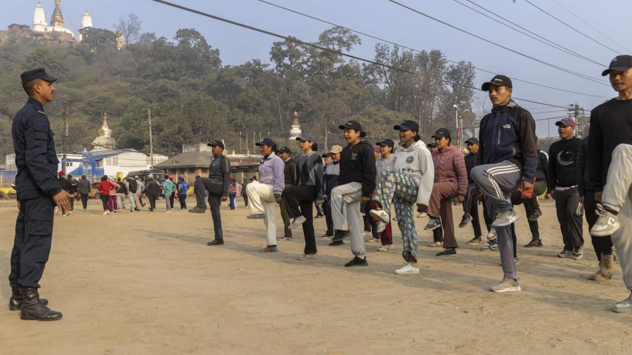 Nepali civilians take part in physical training in Kathmandu on 10 February 2026, preparing to work as security forces for the upcoming parliamentary election.