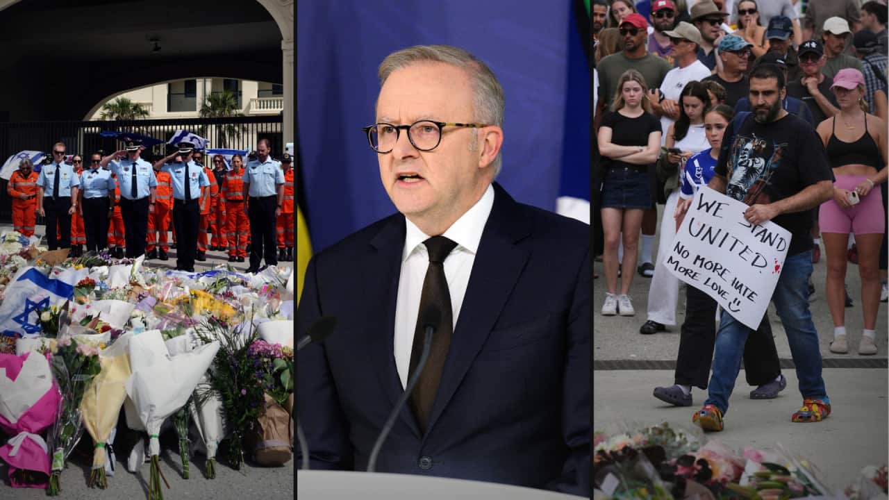 Three-panel image of public mourning and solidarity, with emergency responders and floral tributes, Prime Minister Anthony Albanese speaking at a podium, and a crowd with one man holding a "We stand united" sign.