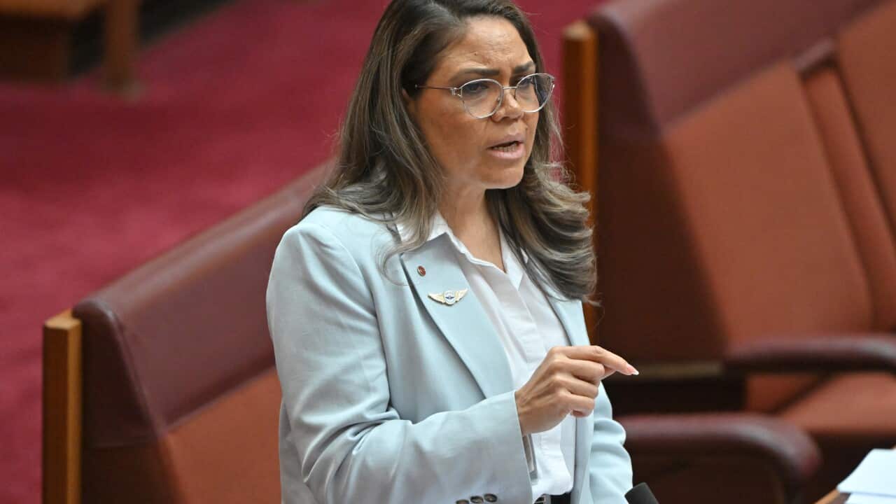 A woman in an aqua blue blazer is speaking in the Senate.